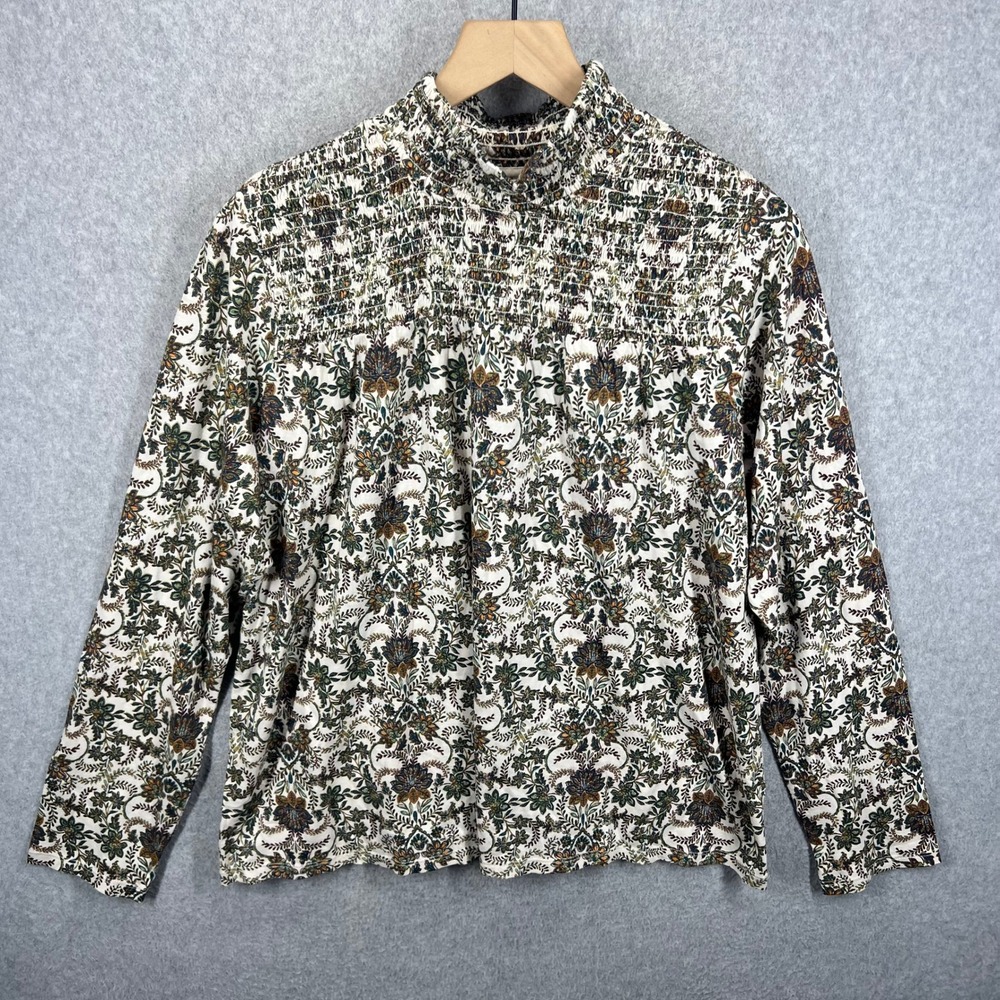 J.Jill Smocked Mock Neck Top Women L Cream Floral Cotton Tencel Long Sleeve NWT